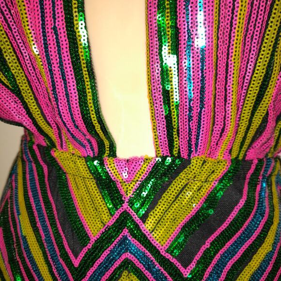 Sexy Multicolor Sequin Mini Dress Plunging Halter 1XL Open Back Retro Club Party - Picture 3 of 16